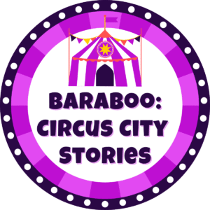 purple and white badge with a circus tent that says "baraboo: circus city stories"